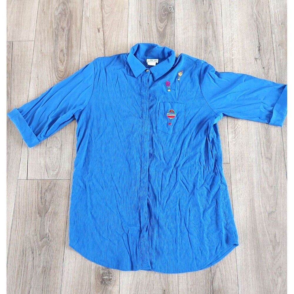 Vintage Lady Danielle Blue Button Up Blouse Hot Air Balloon Appliques Size 1X